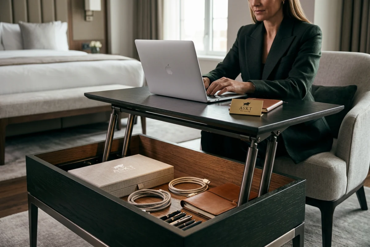 Lift-top hotel coffee table mechanism with concealed guestroom storage compartment