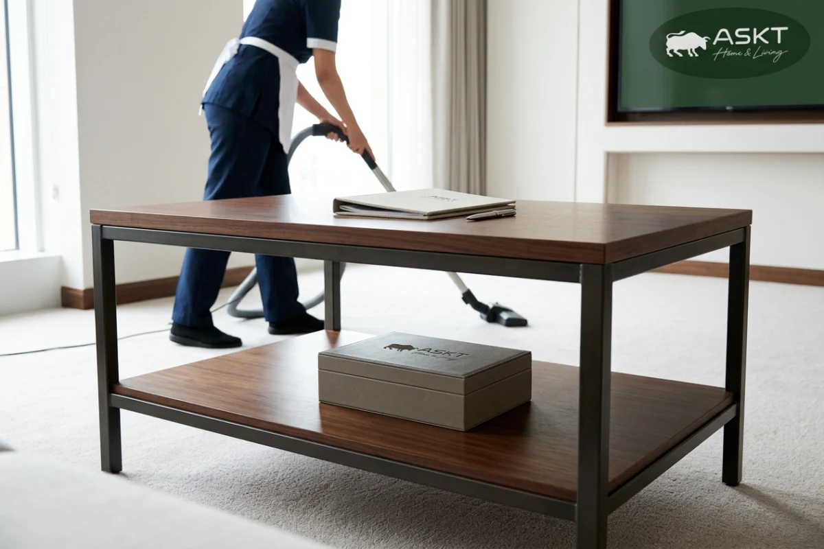 Open shelf hotel coffee table design optimised for rapid housekeeping inspection and cleaning