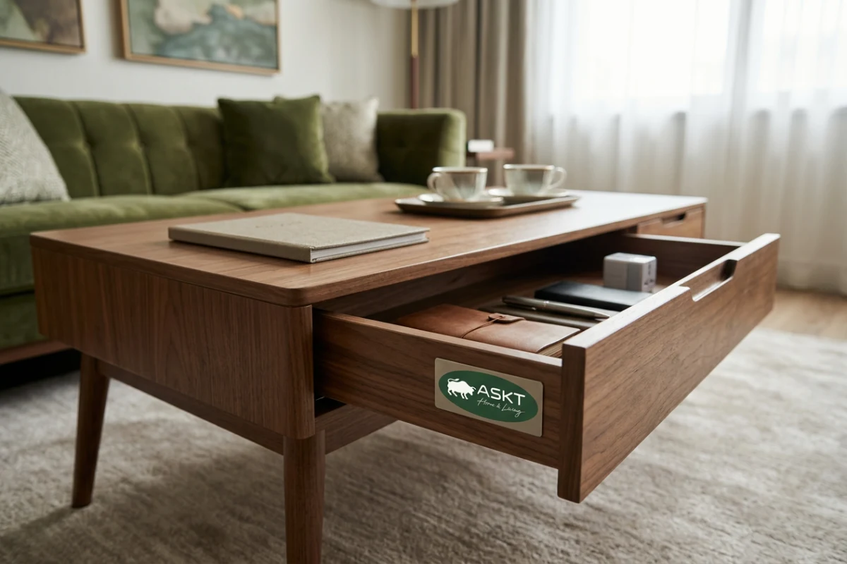 Couchtisch mit Schublade im Hotelzimmer für diskreten Stauraum
