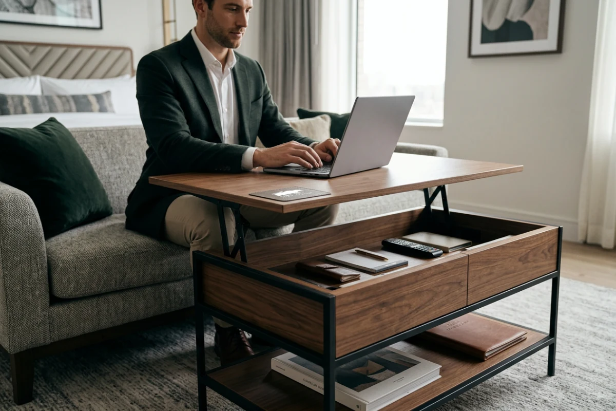 Lift-Top Couchtisch im Hotel für multifunktionales Arbeiten und Speisen