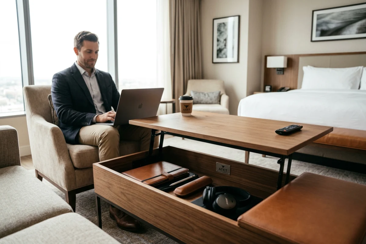 stolik kawowy lift top do hotelu z uniesionym blatem roboczym