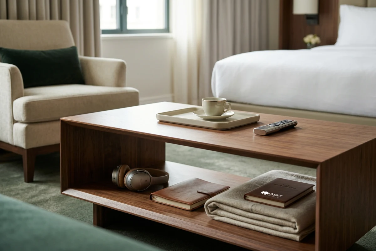 Table basse contract avec étagère ouverte dans une chambre d'hôtel