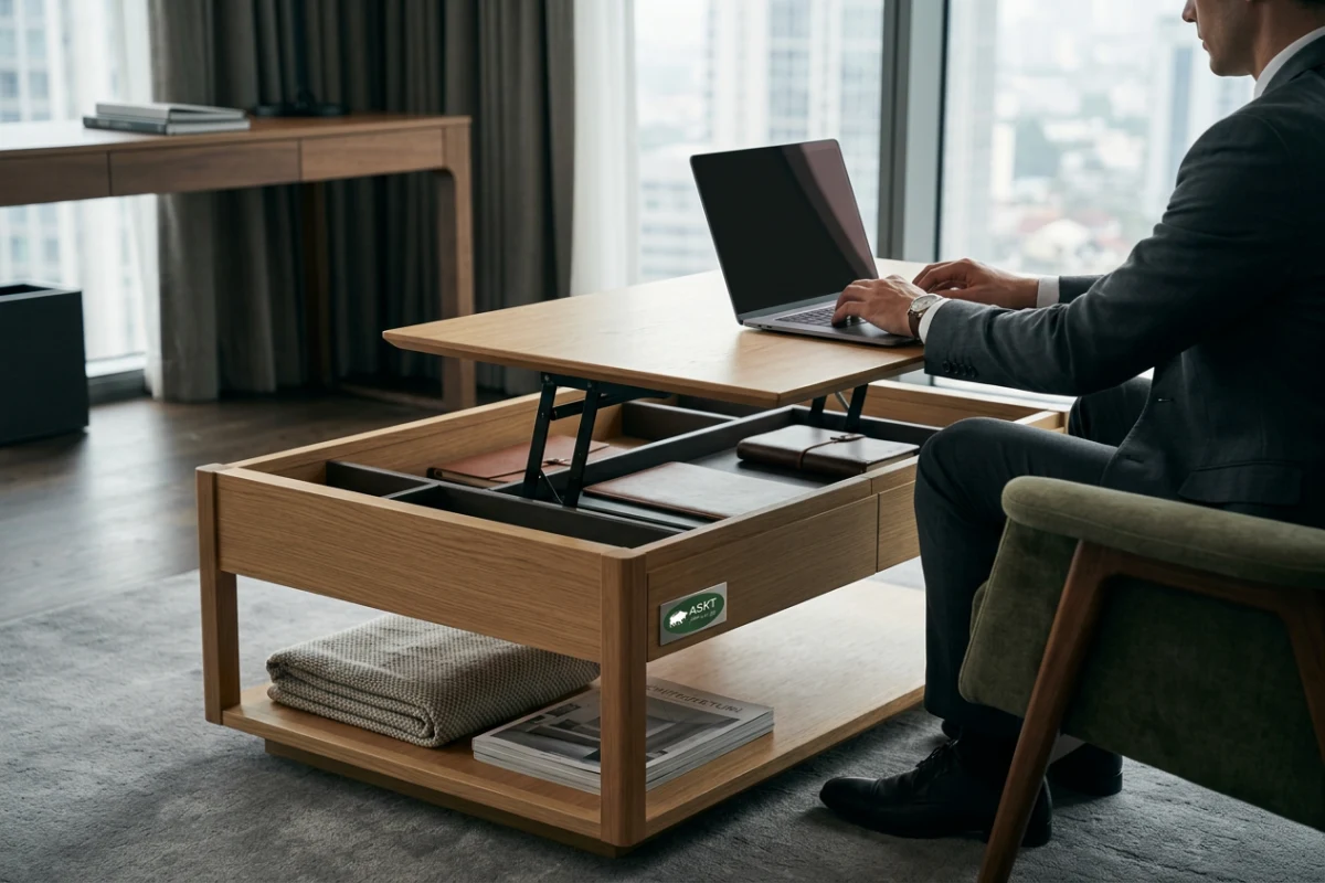 Table basse plateau relevable hôtel utilisée comme poste de travail ergonomique