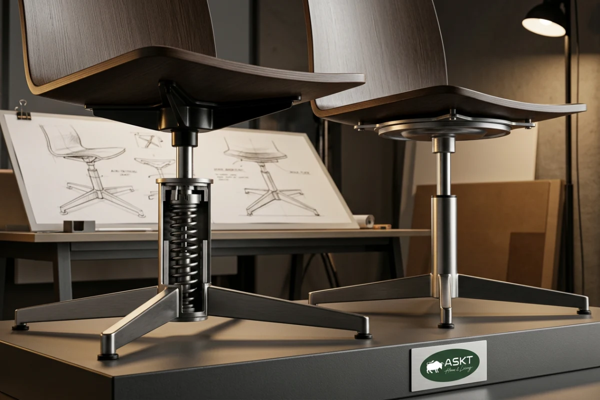 Close-up view of an auto return swivel dining chair mechanism alongside a 360 degree rotating bearing plate.