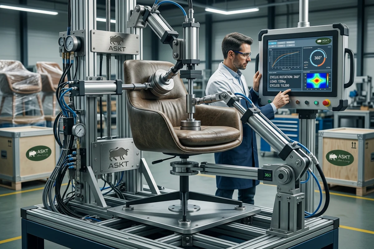 Swivel mechanism durability testing machine conducting cyclic rotation tests on a dining chair frame.