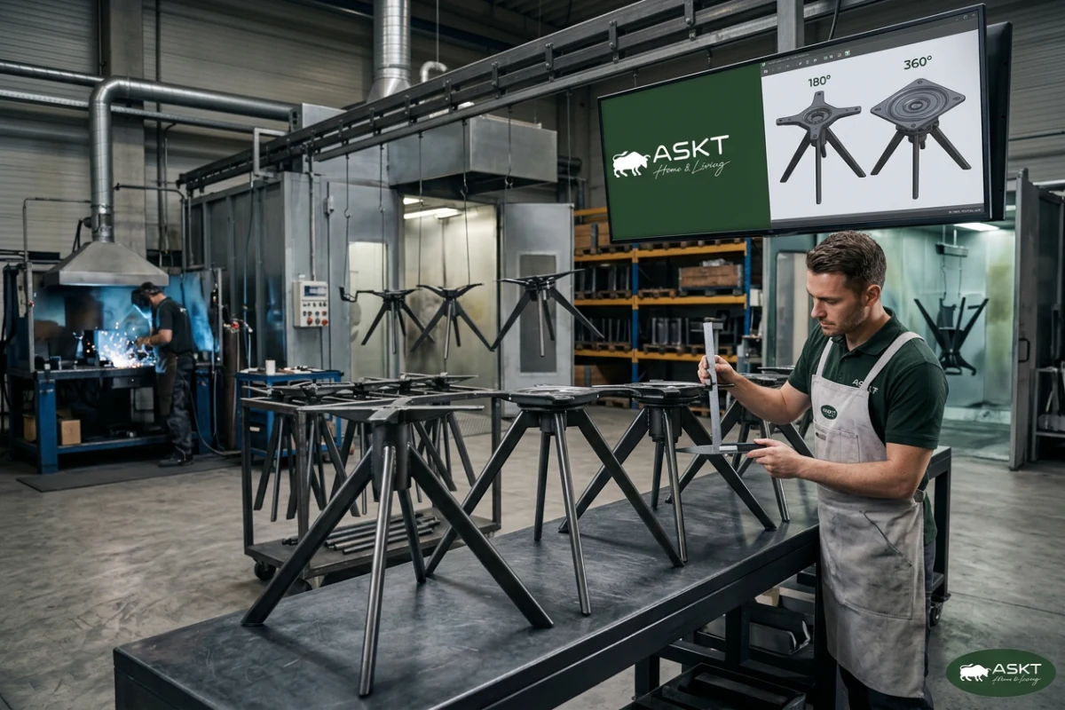 Strukturprüfung und Schweißnahtkontrolle für drehbare Esszimmerstuhl-Metallgestelle im Werk