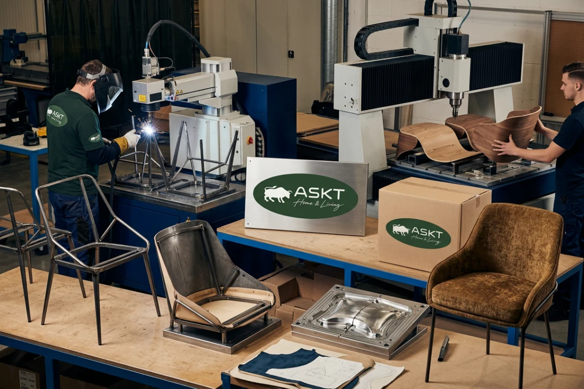 Productie van metalen frames en bekleding voor eetkamerstoelen in de fabriek