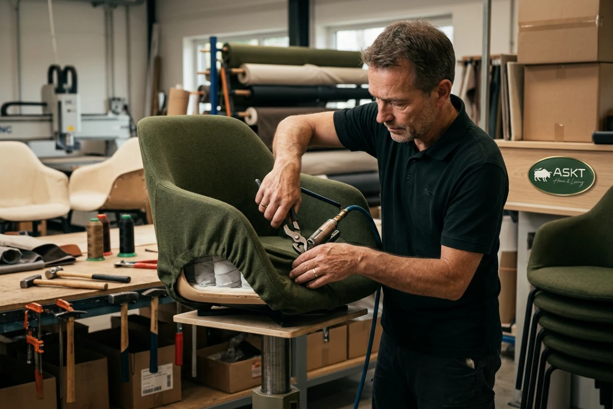 Fachkraft beim manuellen Beziehen und Polstern einer ergonomischen Stuhlsitzschale.
