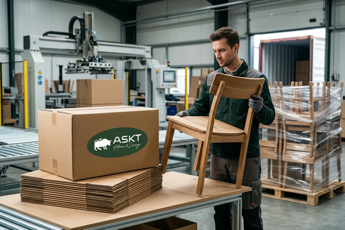 Qualitätskontrolle und transportsichere Verpackung von B2B-Sitzmöbeln für den Export.