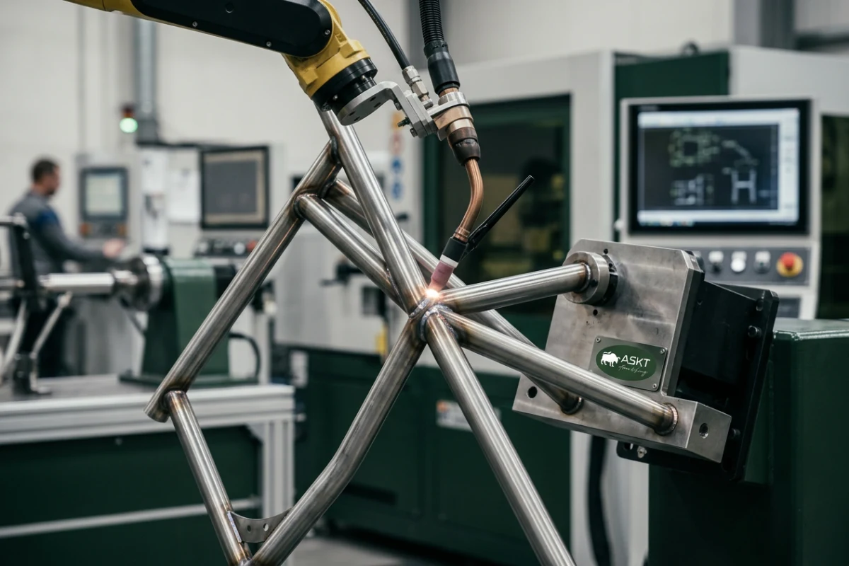 Automated robotic welding arm joining metal frame dining chair components
