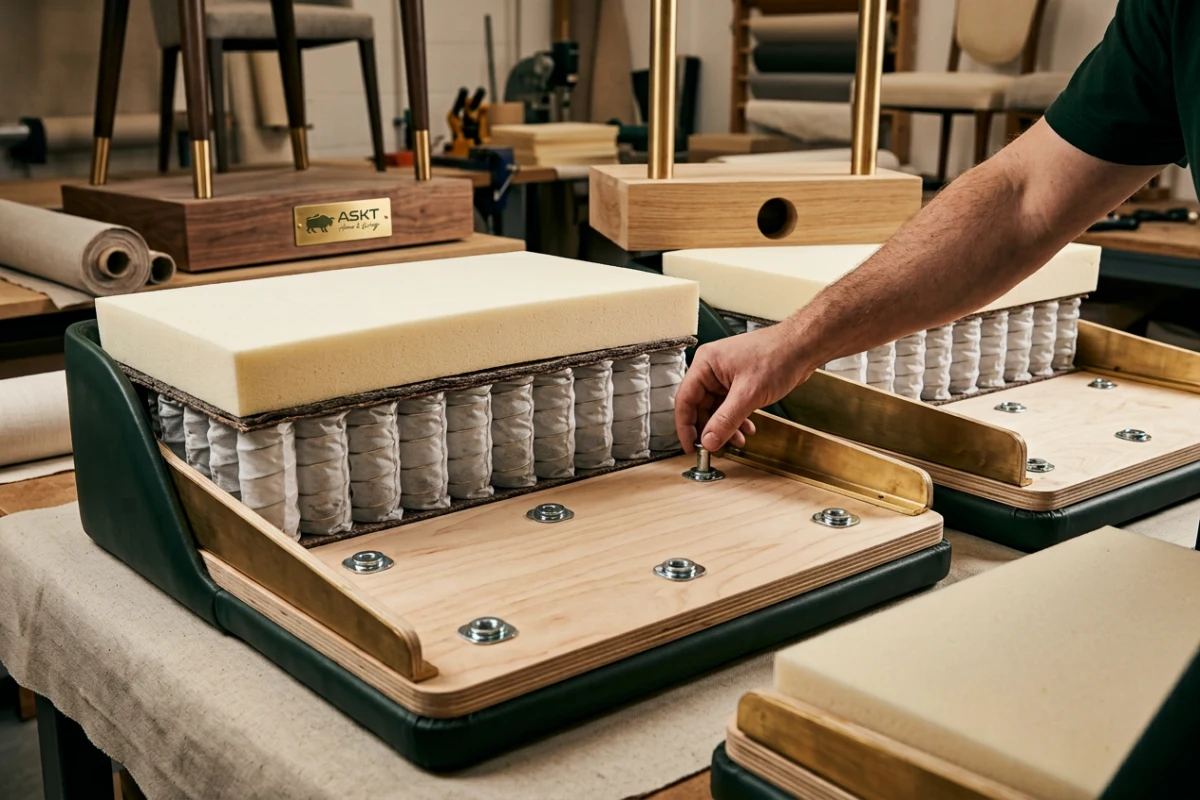 Internal upholstery substructure showing punched wooden board, pocket springs, and foam cushioning