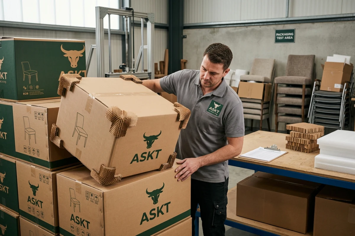 Quality inspector performing export packaging drop test on boxed dining chairs