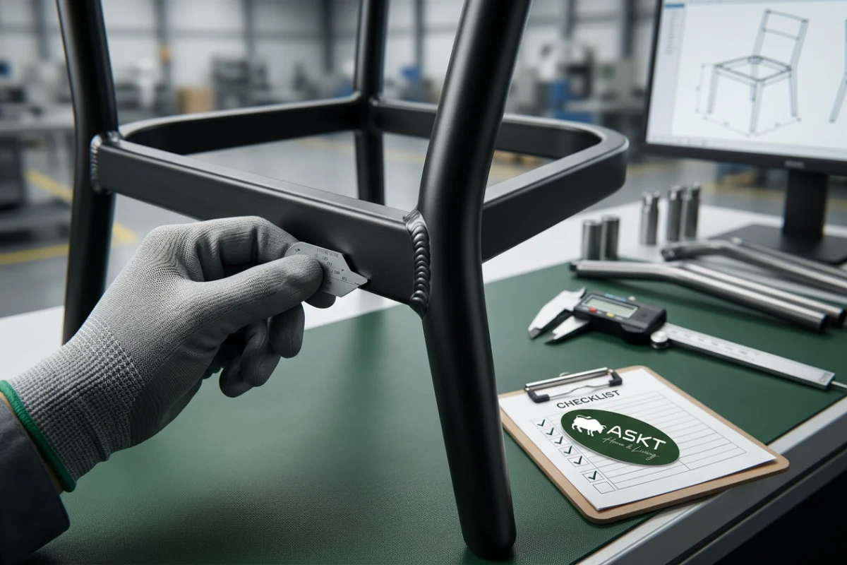 Controle van lasnaden en poedercoating op metalen eetkamerstoelframe.