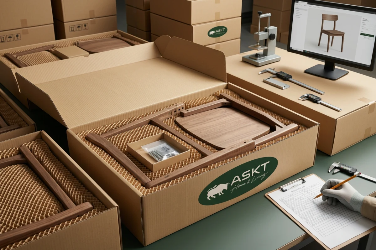 Exportverpakking voor KD eetkamerstoelen met beschermend karton.