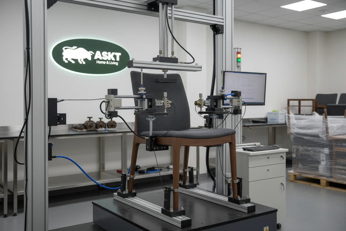A professional laboratory test rig performing cyclic load and strength testing on a contract dining chair.
