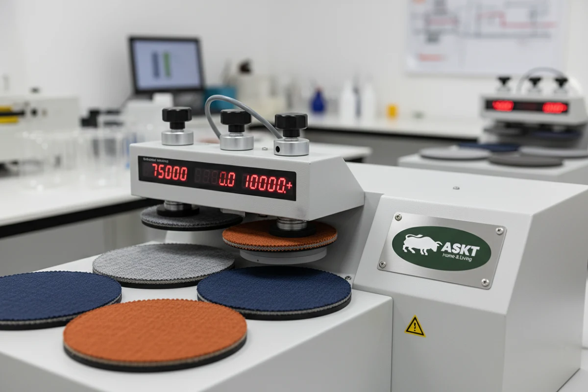 Martindale fabric abrasion resistance test machine testing upholstery samples in a quality control lab.