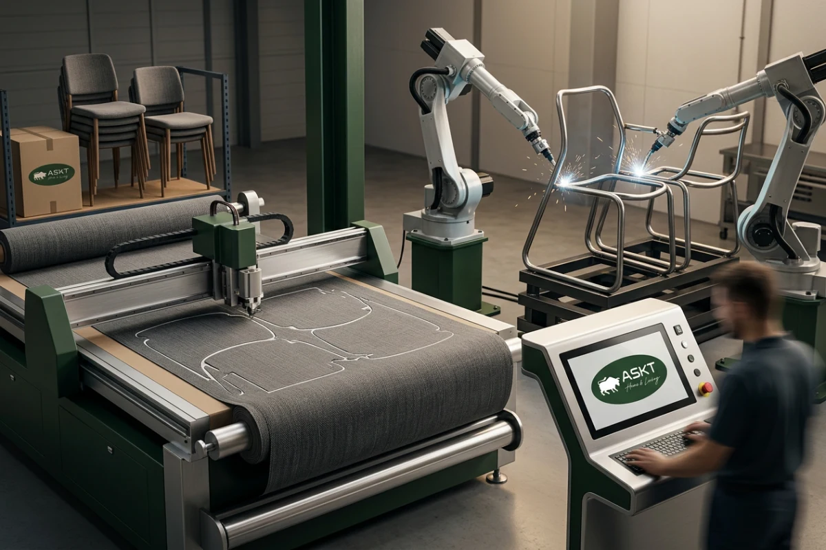 Automated fabric cutting machine and robotic welding arm in dining chair production.