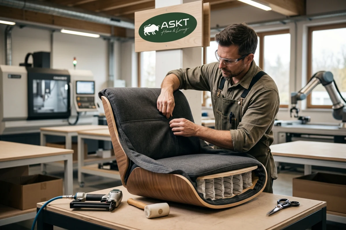 Craftsman hand-fitting upholstery over a padded dining chair shell with precision stitching.
