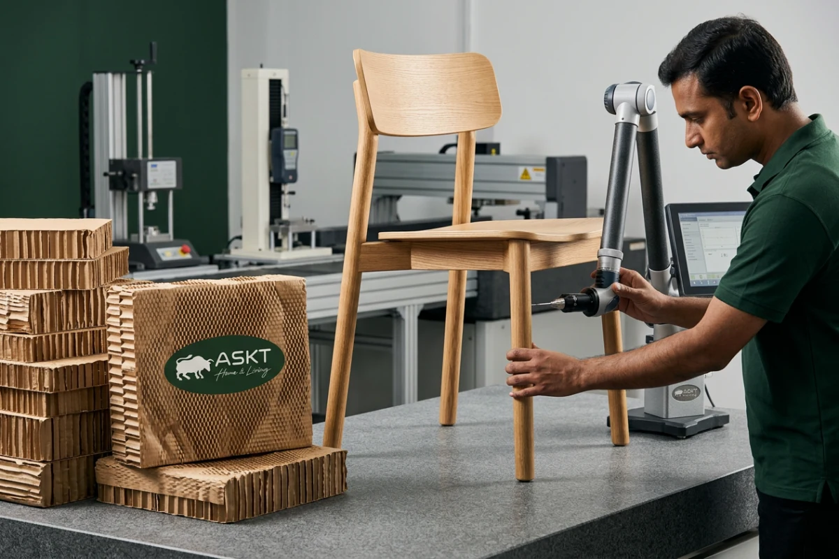 B2B dining chair quality control check on a granite leveling surface with sustainable packaging.