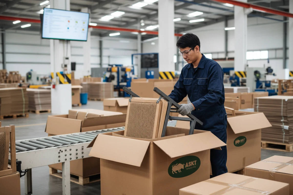 Knocked-Down dining chair packaging line utilizing recyclable honeycomb paper protection.