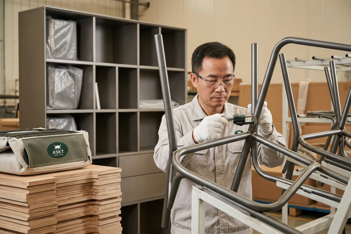 Kwaliteitscontrole meubelproductie in Chinese fabriek voor metalen frames