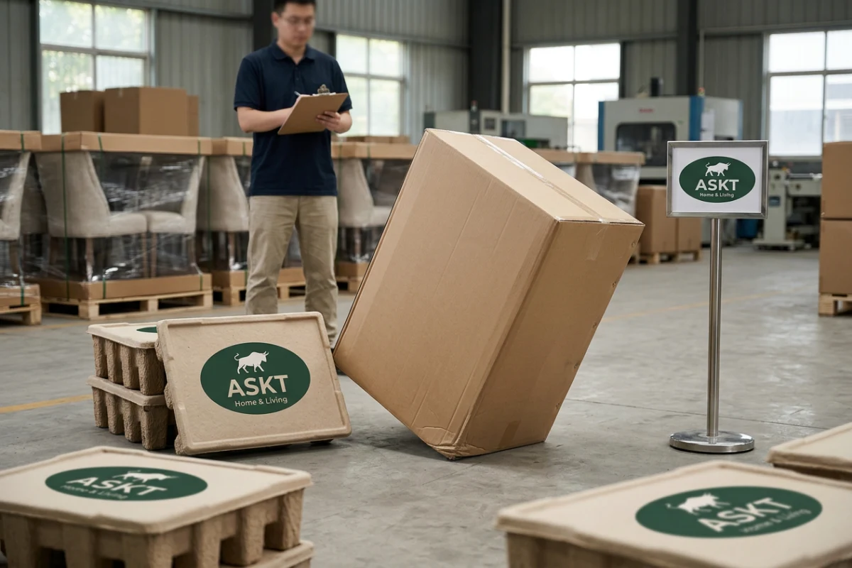 Furniture packaging drop test and cardboard protection inspection