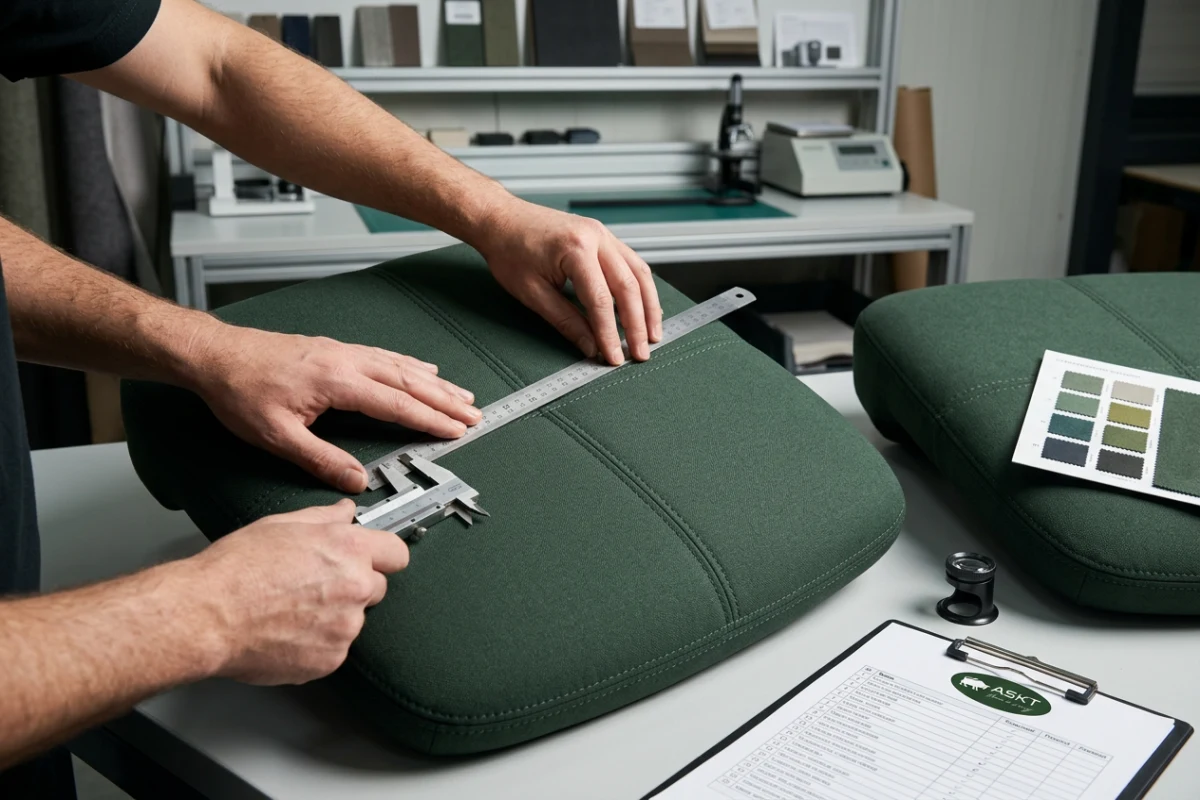 Visuele controle van stiklijnen en bekledingsstof op een gestoffeerde eetkamerstoel