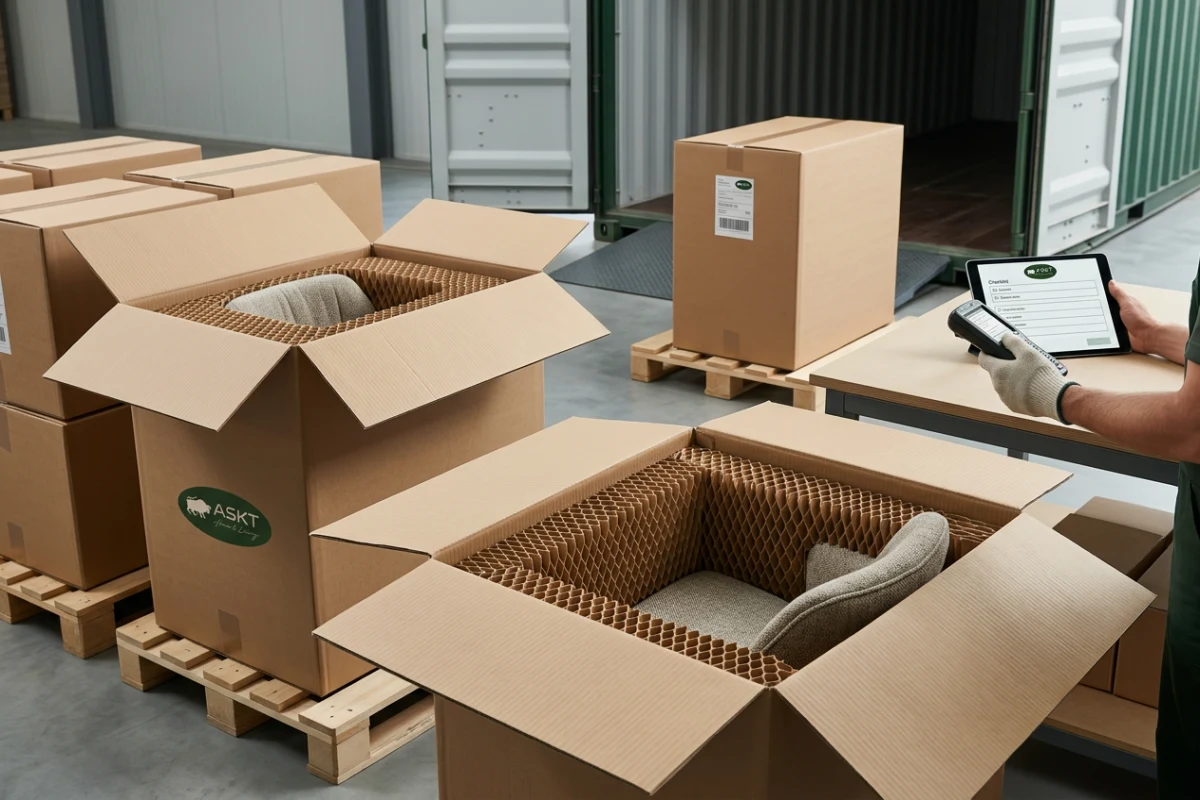 Verpackungsprüfung und transportsichere Vorbereitung für den Möbelimport