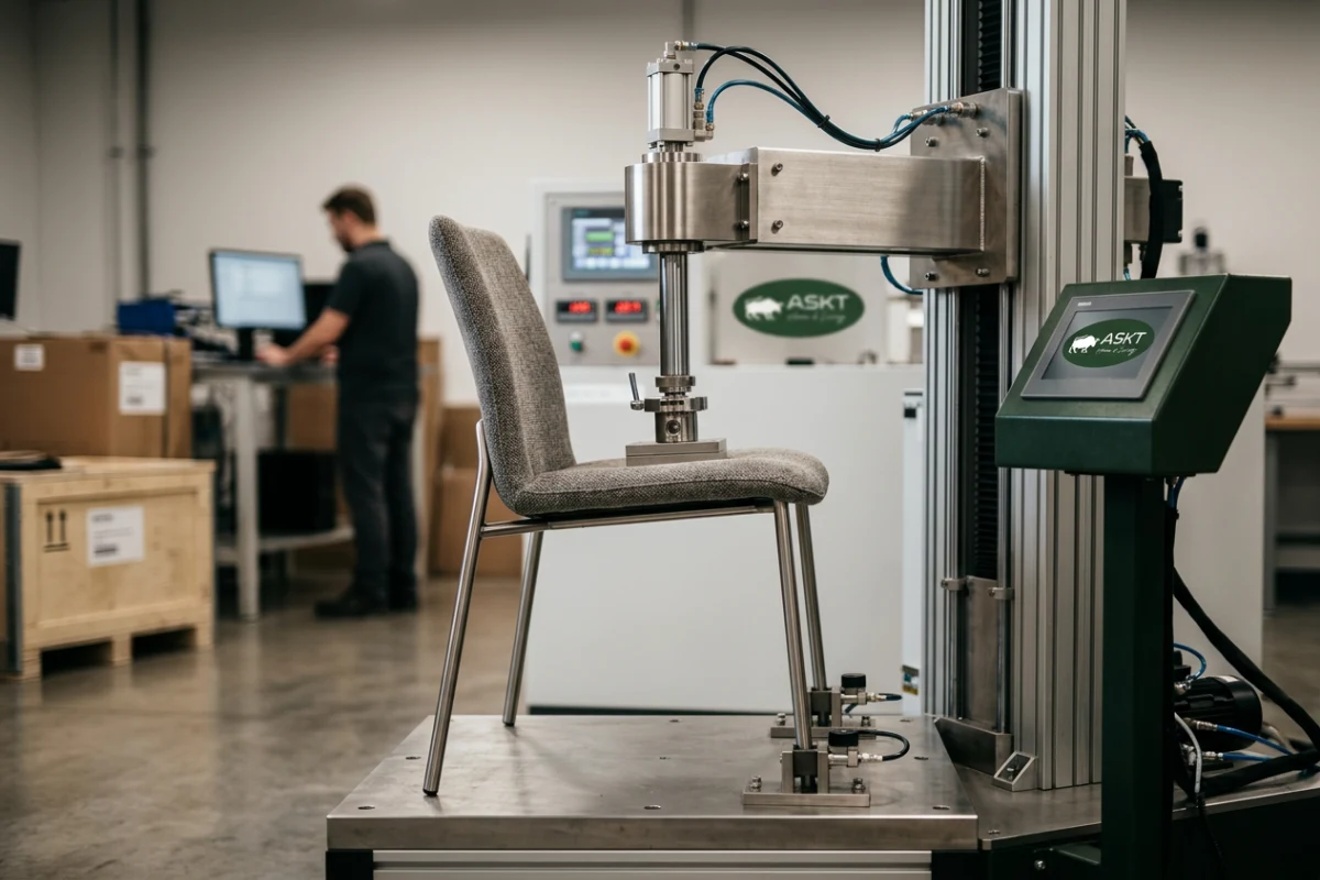 In-house cyclic load testing machine evaluating a dining chair frame according to European structural testing standards.