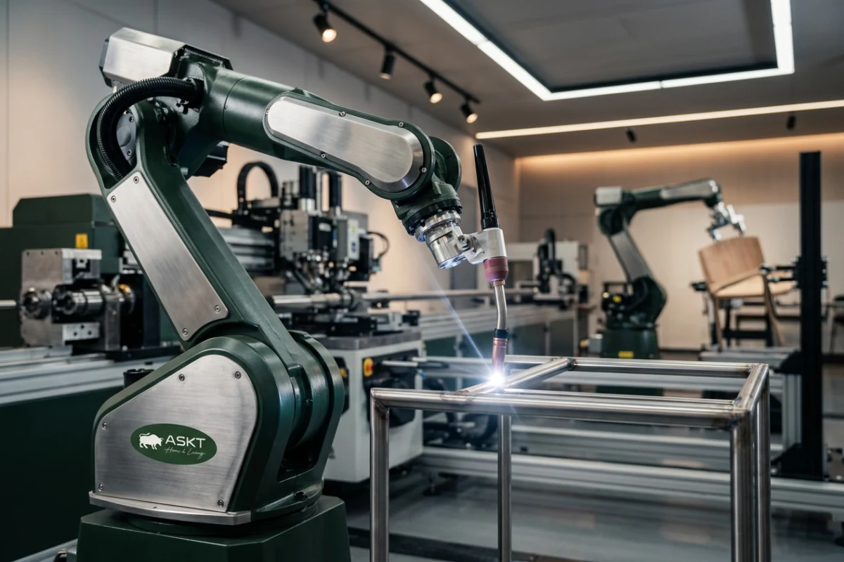 Automated robotic welding arm constructing metal dining chair leg frames in a certified factory workshop.