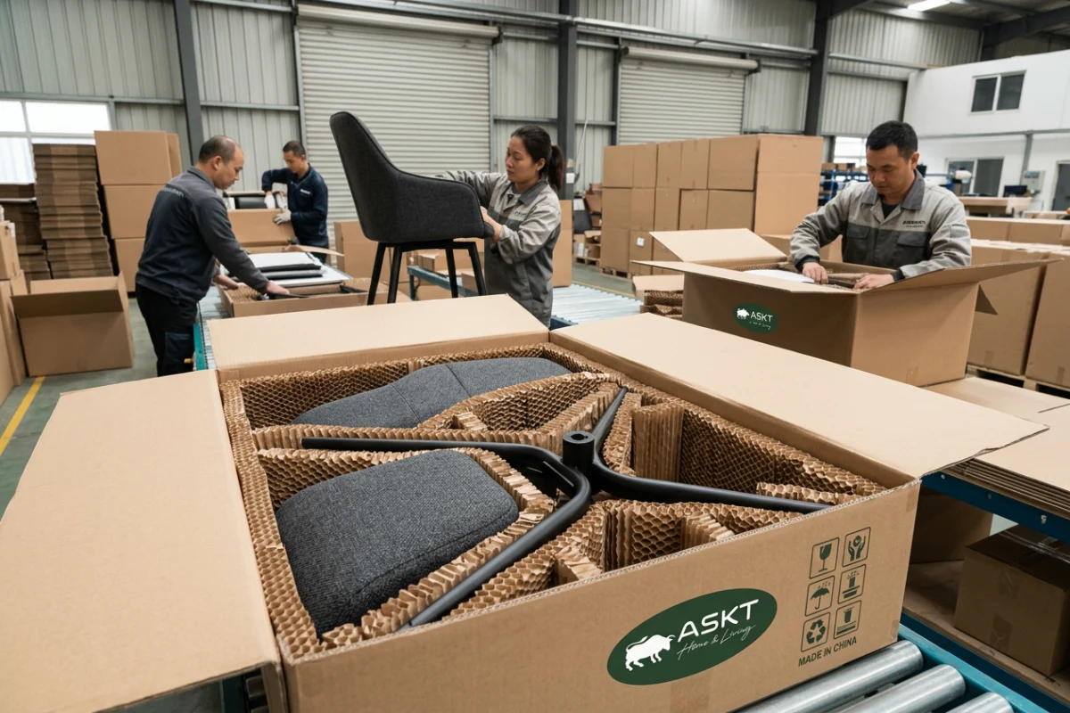 Flat-pack dining chair packaging using sustainable honeycomb paper protection and heavy-duty corrugated cartons.