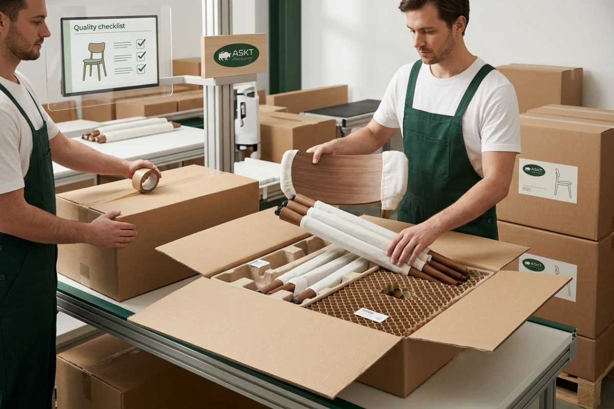 Packaging line showing KD dining chair packed with sustainable honeycomb paper buffers.
