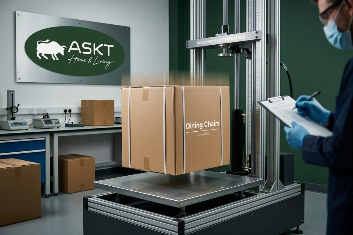 Drop testing of master carton for furniture packaging transit damage prevention.