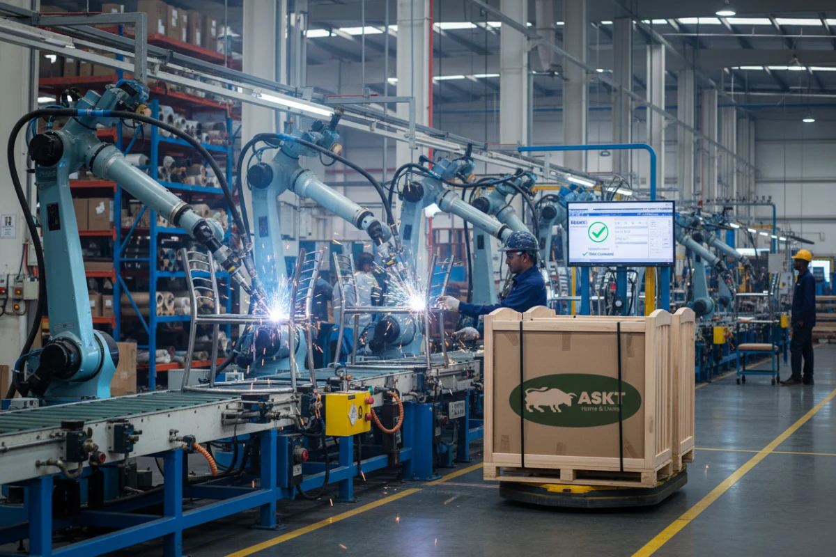 Automated robotic welding inside a BSCI certified B2B dining chair factory.