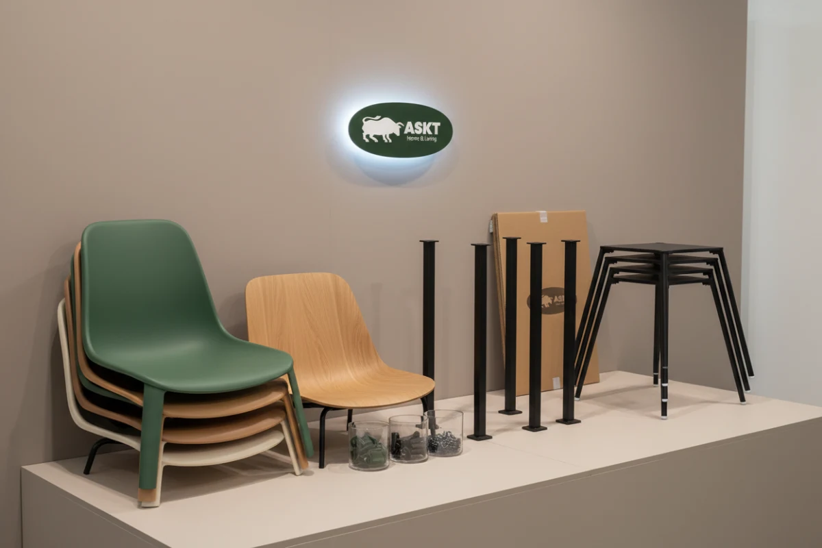 Flat-packed interchangeable seat shells and metal bases demonstrating modular dining furniture sourcing efficiency.