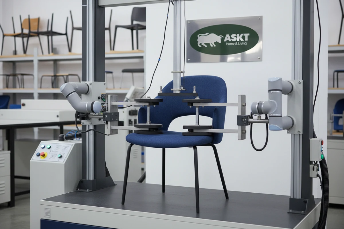 Automated durability and load-bearing test being performed on an upholstered dining chair.