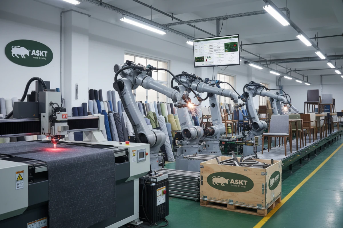 High-precision automated welding robotic arm and batch fabric cutting machines inside an ASKT workshop.