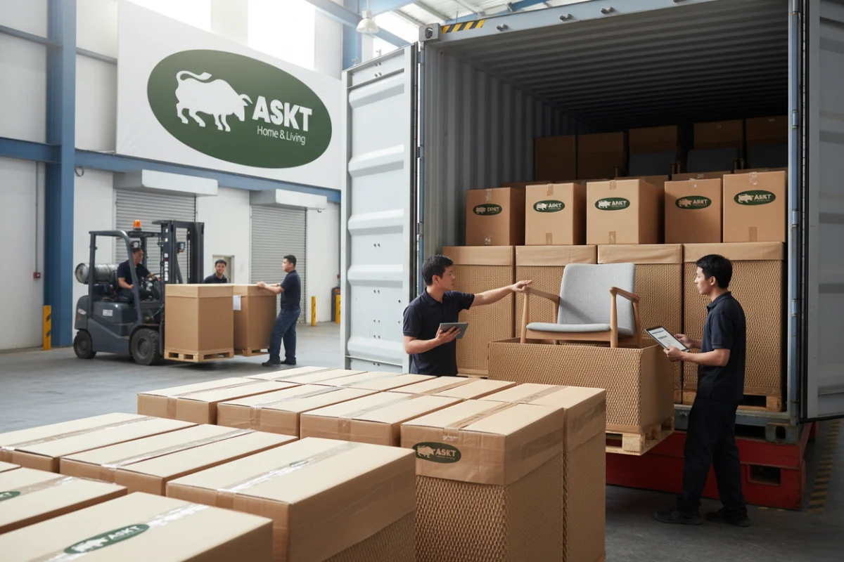 Optimized shipping container loading of dining chairs with honeycomb paper packaging protection.