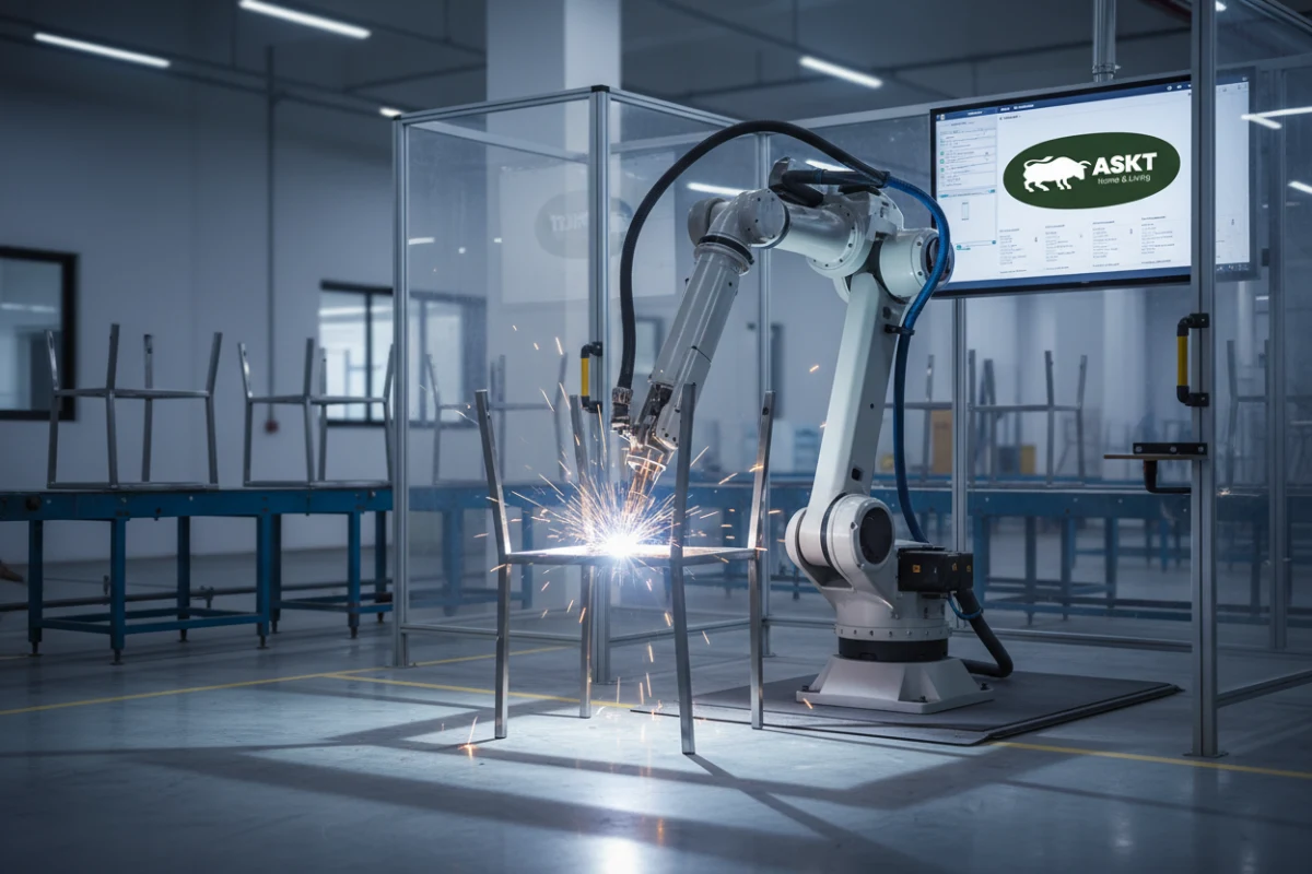 Precision robotic welding in the furniture manufacturing process China.