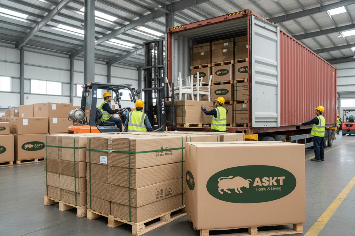 Optimized container loading of packaged B2B dining chairs.
