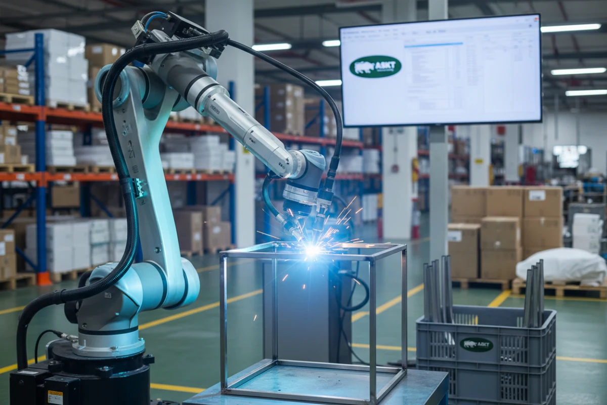 Automated welding robotic arm fabricating metal frames in a B2B furniture manufacturer China factory.