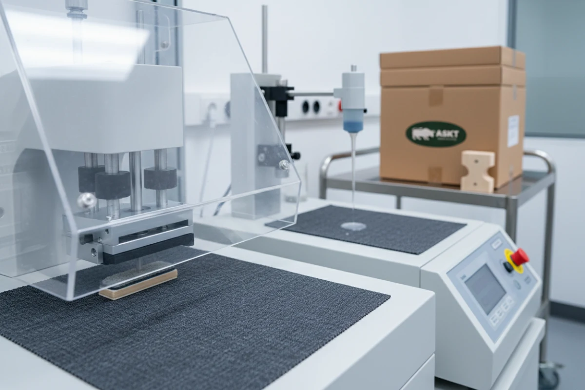 Quality control testing for abrasion resistance and colour fastness of dining chair fabrics.
