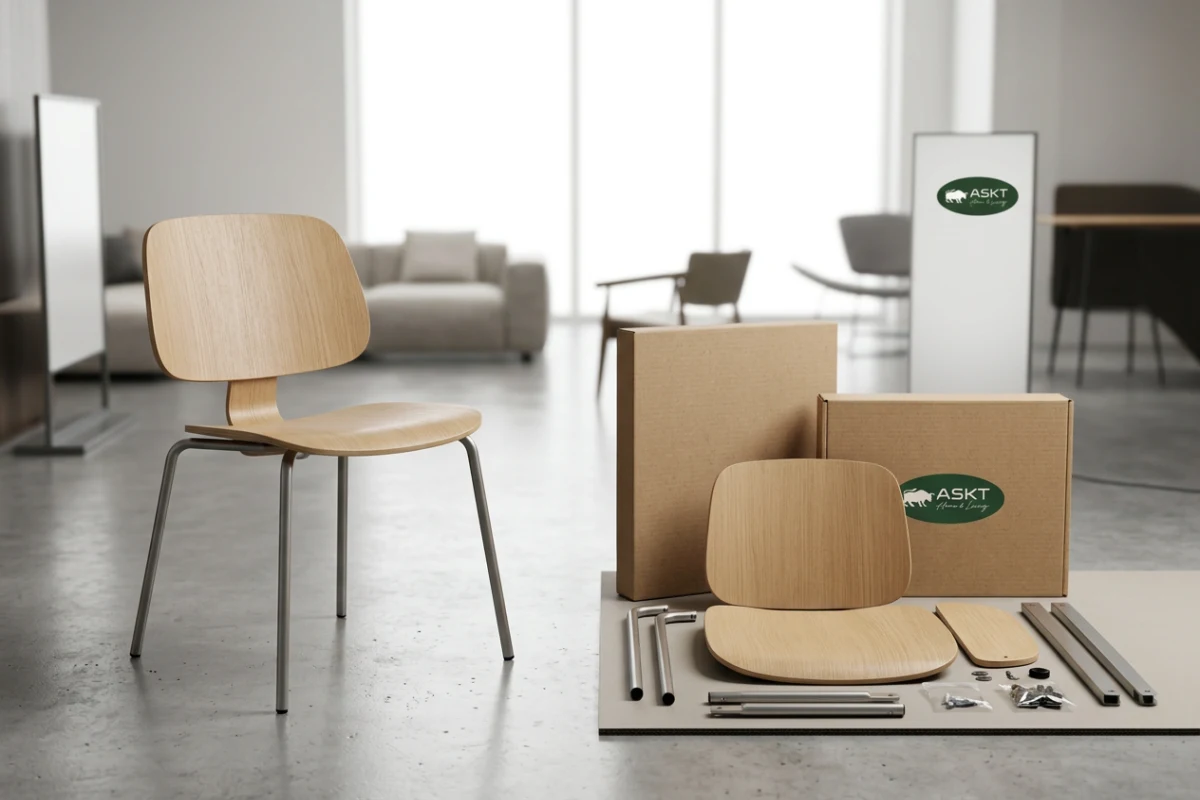 Visual comparison between an assembled upholstered dining chair and compact KD flat-pack carton