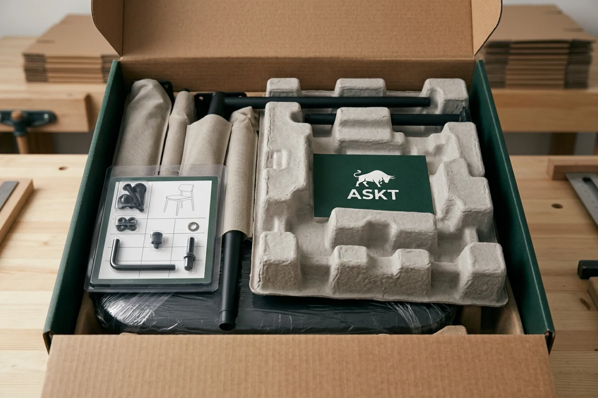 Protective packaging inserts and hardware pack inside flat-pack dining chair carton