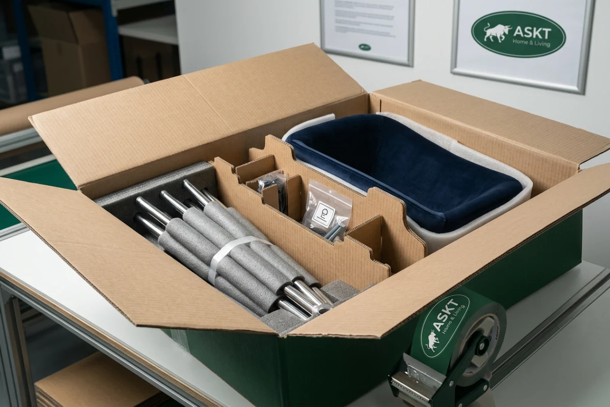 Component separation inside dining chair packaging box isolating metal legs from fabric seat
