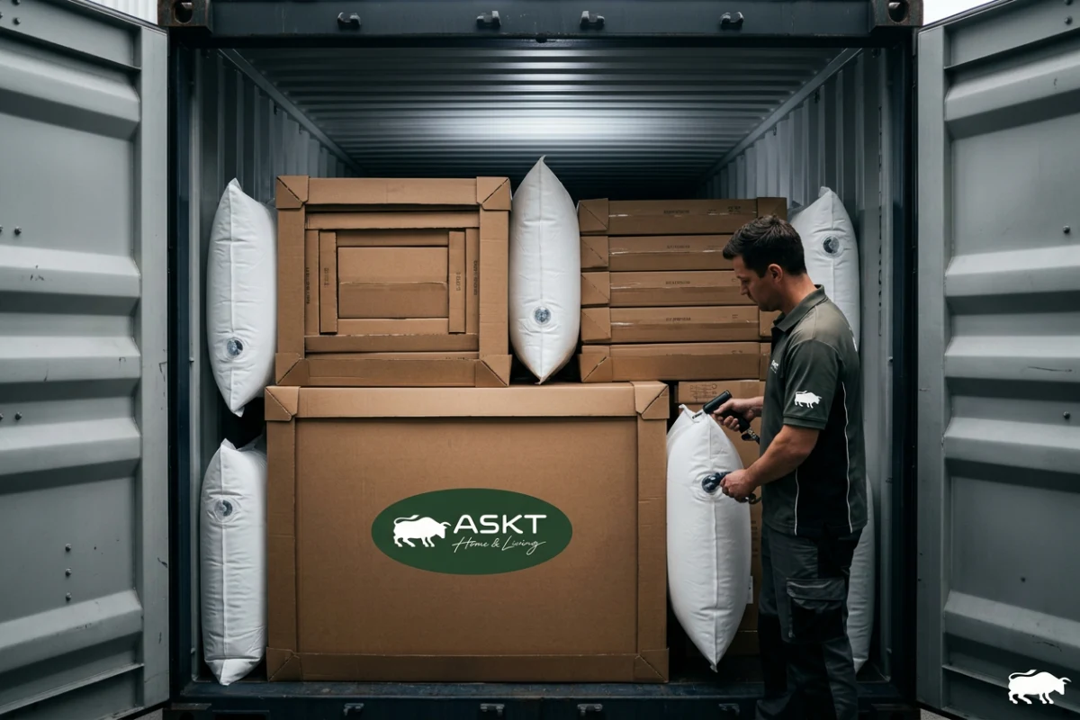 Container loading packaging optimization with dunnage airbags for commercial furniture transit damage prevention