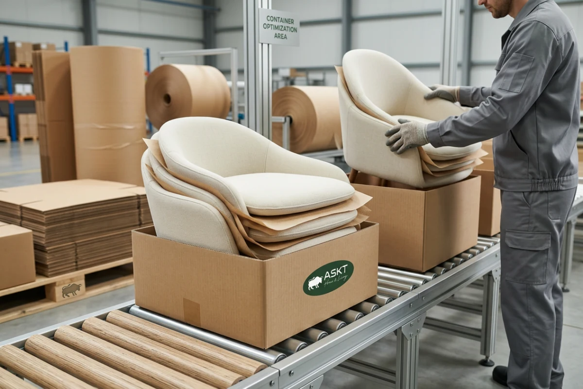 KD dining chair packaging optimization showing nested upholstered shells and flat-pack metal bases in export cartons.