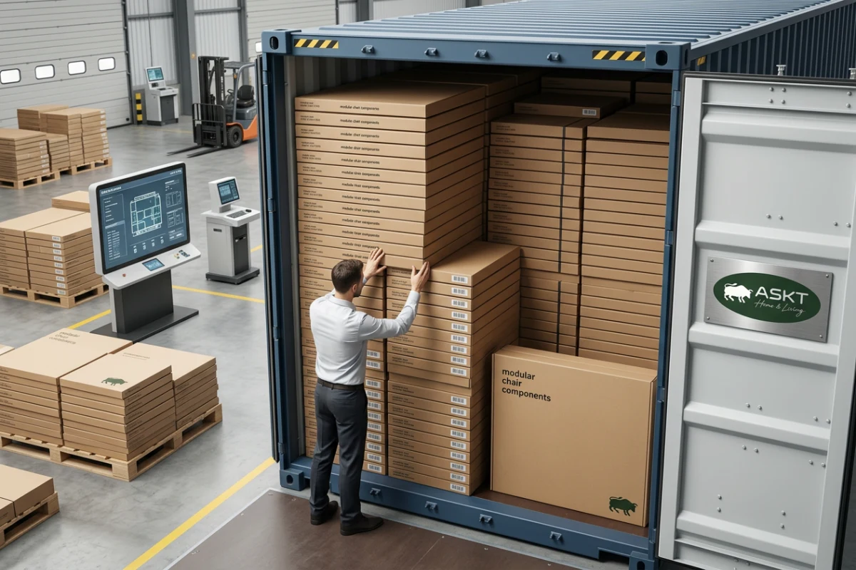Flat pack furniture container loading demonstrating modular carton stacking in a 40HQ ocean shipping container.