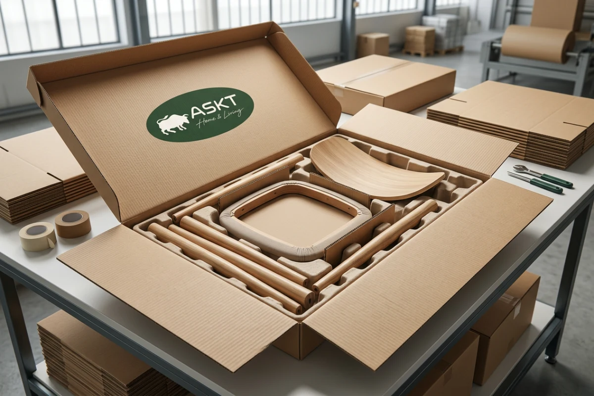 KD dining chair packaging optimisation showing flat-pack component layout.