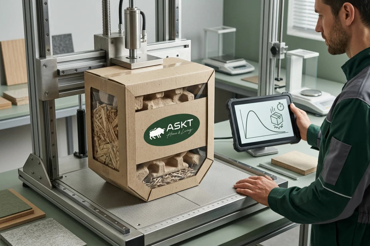 Quality control drop test for sustainable paper-based furniture packaging.